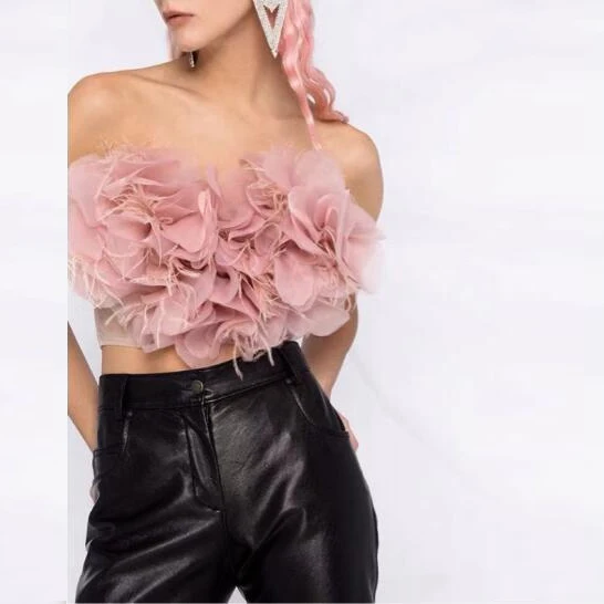 Imagem -02 - Blusa de Malha Feminina Ruffles Blush Pink Tulle Feathers High Street Mini Top Custom Made Grils Blusa Teres Moda Verão