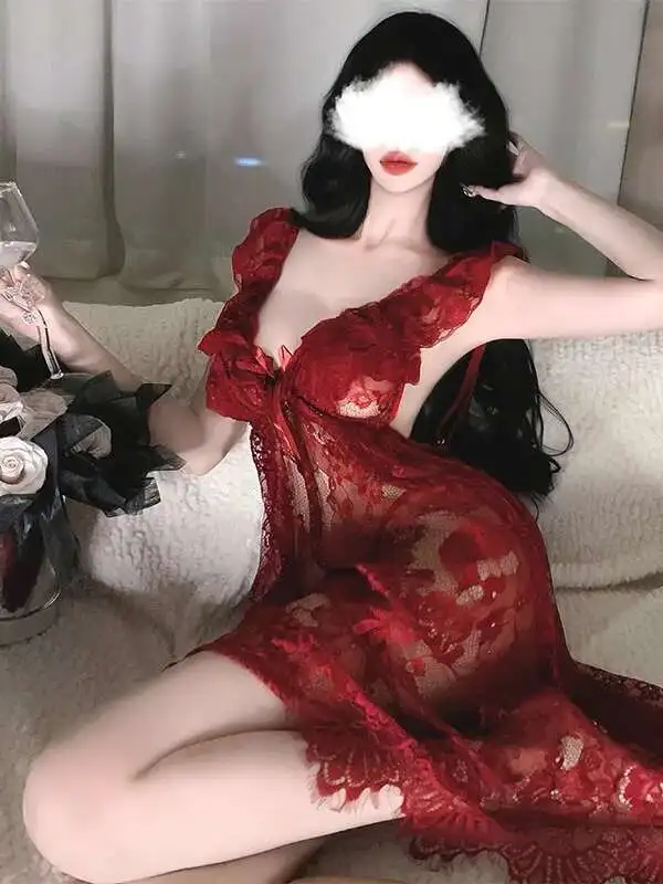 الدانتيل الحلو شبكة موضة النساء 2025 فساتين جديدة حجم كبير مثير الدانتيل ثوب النوم منظور بيجامة فستان أنيق GJ8J