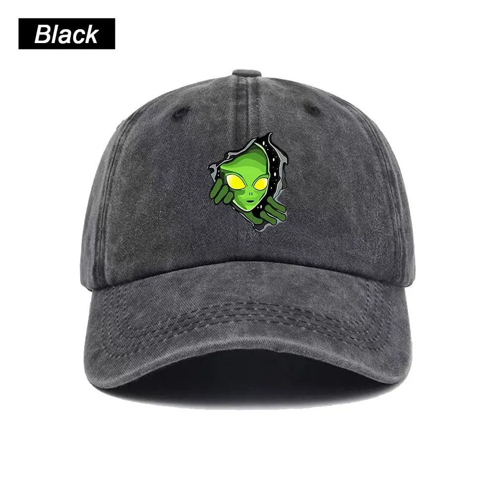 Vintage Washed Baseball Cap Green Alien Peek Design Print Graphic Unisex Streetwear Casual Trucker Style Summer Cotton Sun Hat