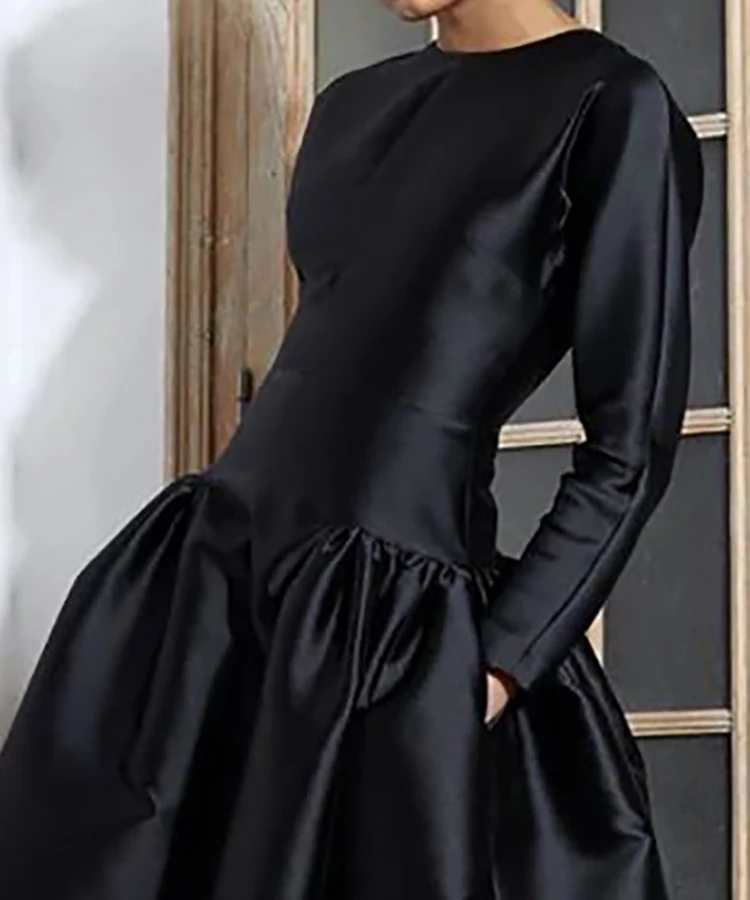 

Elegant Black Vintage Fashion Women's Evening Dress Crew Neck Long Sleeve Slim Female Vestido Big Hem Dating Midi Party Dresses