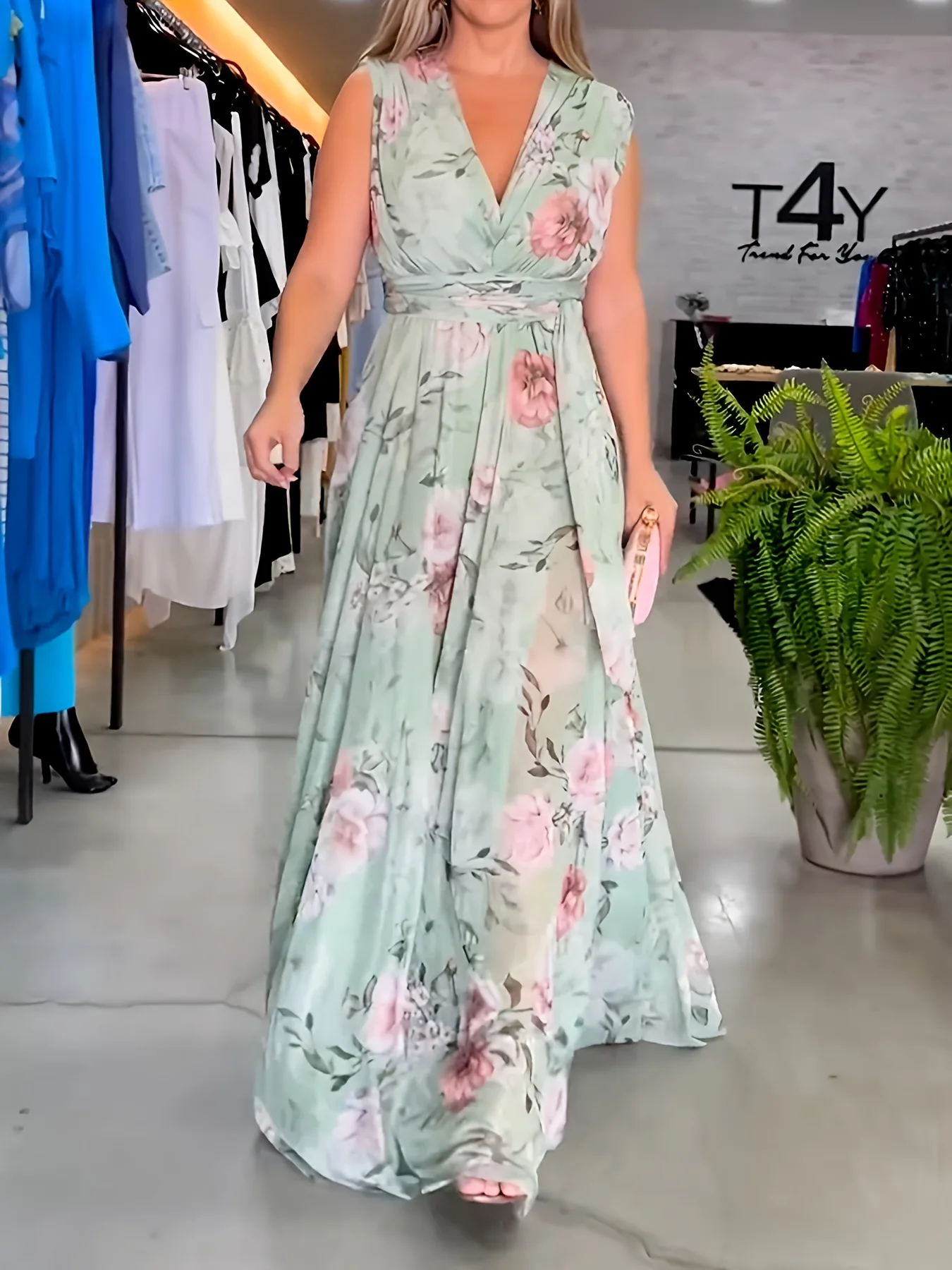 Sommer Damenmode Schulterfreies ärmelloses bedrucktes Kleid Sommer rückenfreies Kleid Temperament V-Ausschnitt bedrucktes A-Linie langes Kleid