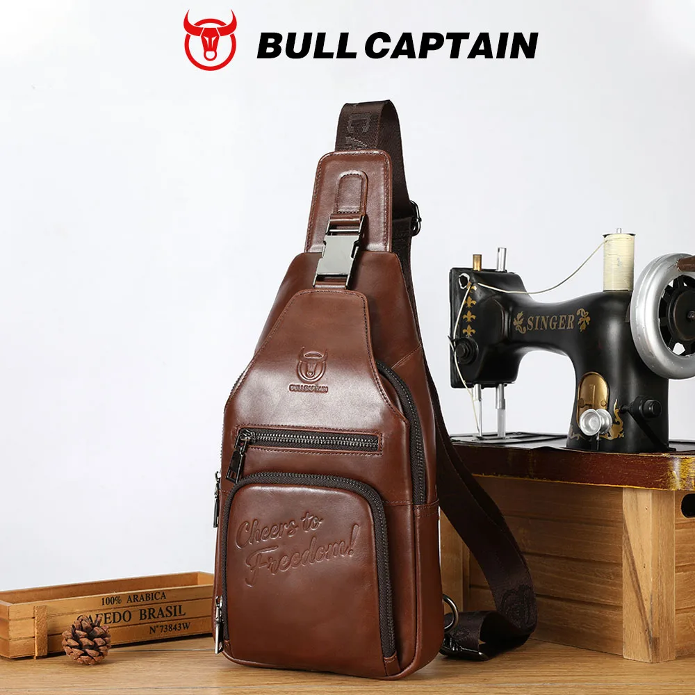 BULLCAPTAIN Genuine Leather Chest Bag Casual Triangle Crossbody Design Travel Shoulder Backpack Men Leather Multifunctional Bag