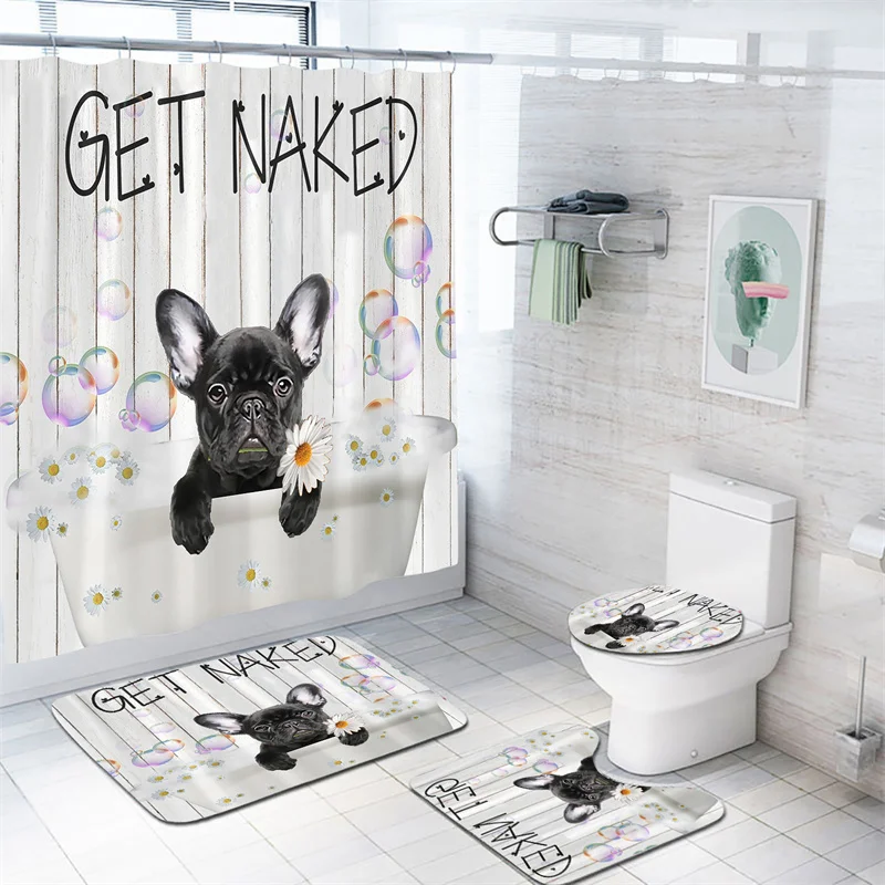 1/4pcs Dog Shower Curtain Set Adorable Bulldog Pattern Shower Curtain Letter Printed Bath Curtain With Hooks for Bathroom Decor