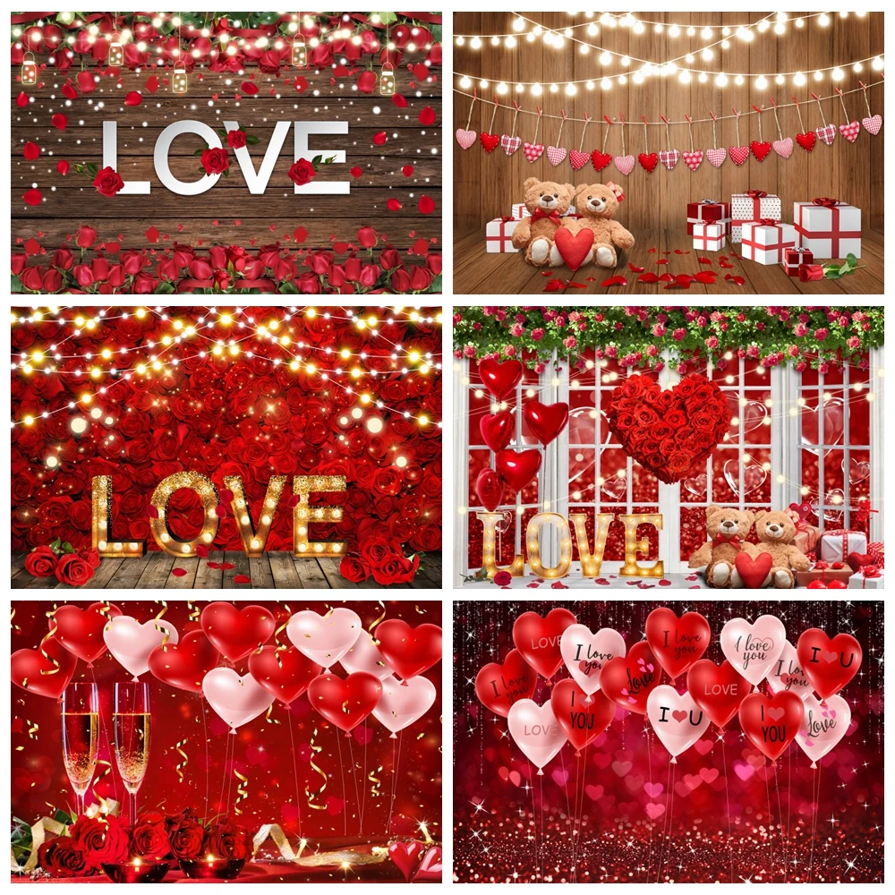 

February 14th Valentine's Day Photography Backdrop Red Rose Love Balloon Champagne Proposal Scene Wedding Party Decor Background