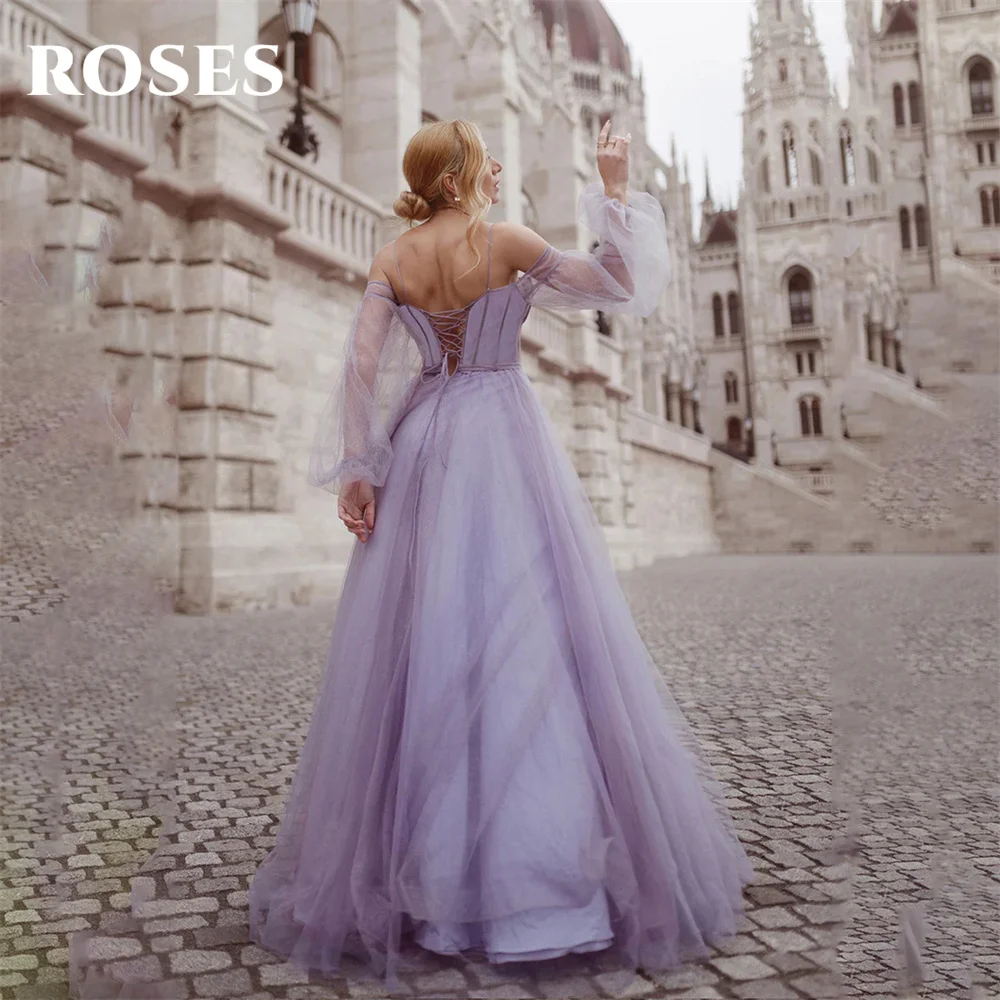 ROSES-Vestidos De Noite De Tule Azul Claro, Lace Up Back, Fora Do Ombro, Divisão Lateral, Mangas Completas, Requintado Prom