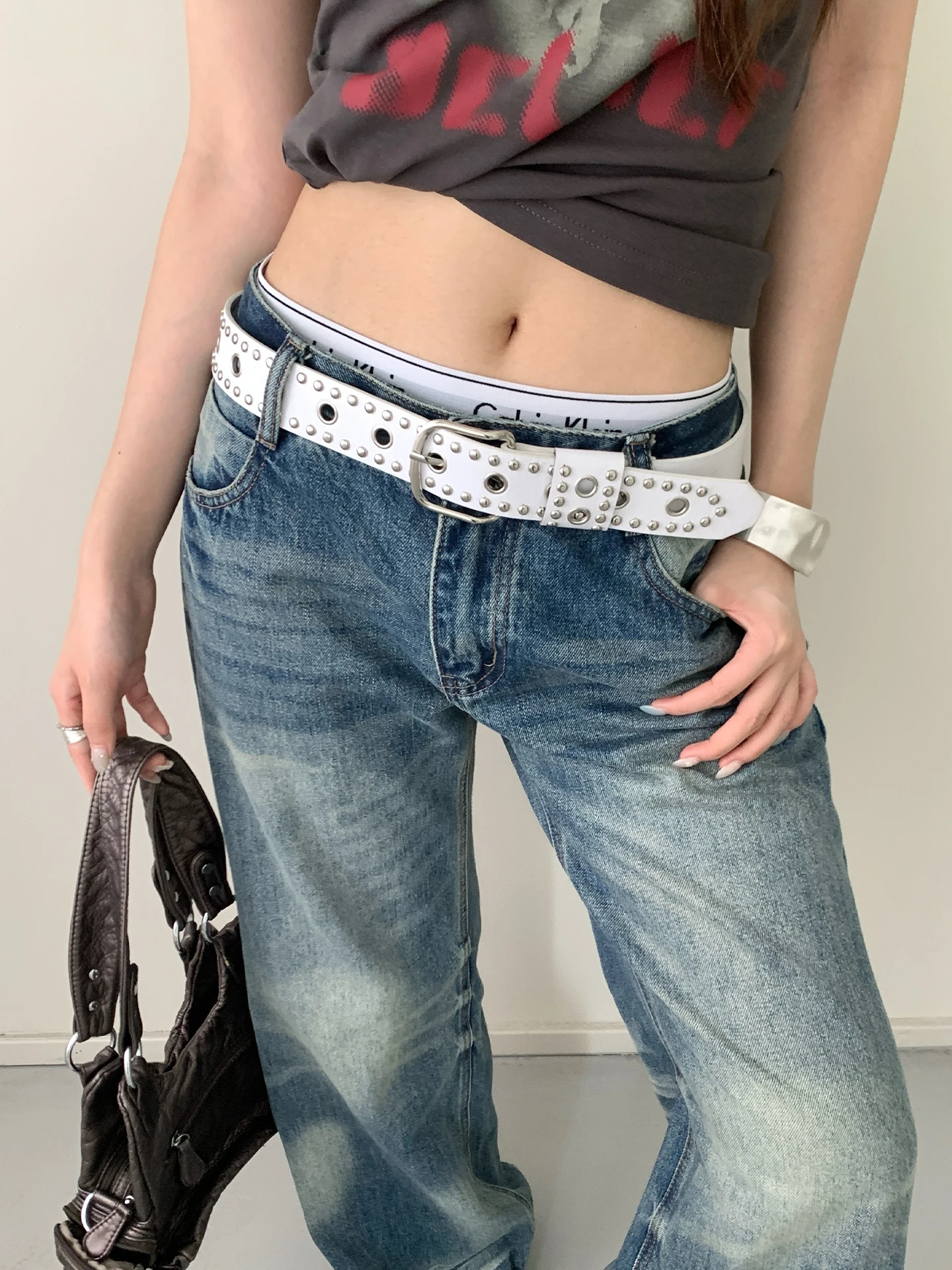 American Vintage Hollow-Out Studded Belt For Women High-End Feel No-Punch Y2K Niche Decorative Belt For Jeans