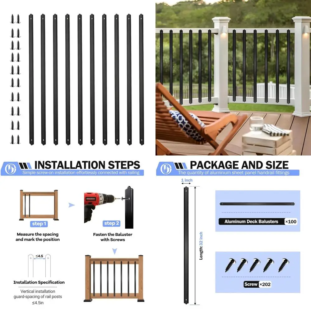 

32 Black Metal Deck Balusters, 100-Pack Staircase Spindles with Screws for Outdoor Railings