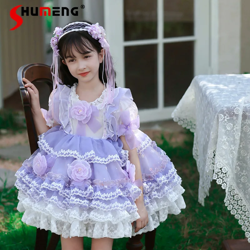 

Новое летнее кружевное платье с короткими рукавами для девочек, изысканное фиолетовое платье принцессы в стиле Лолиты, детское платье с цветочным узором в японском стиле