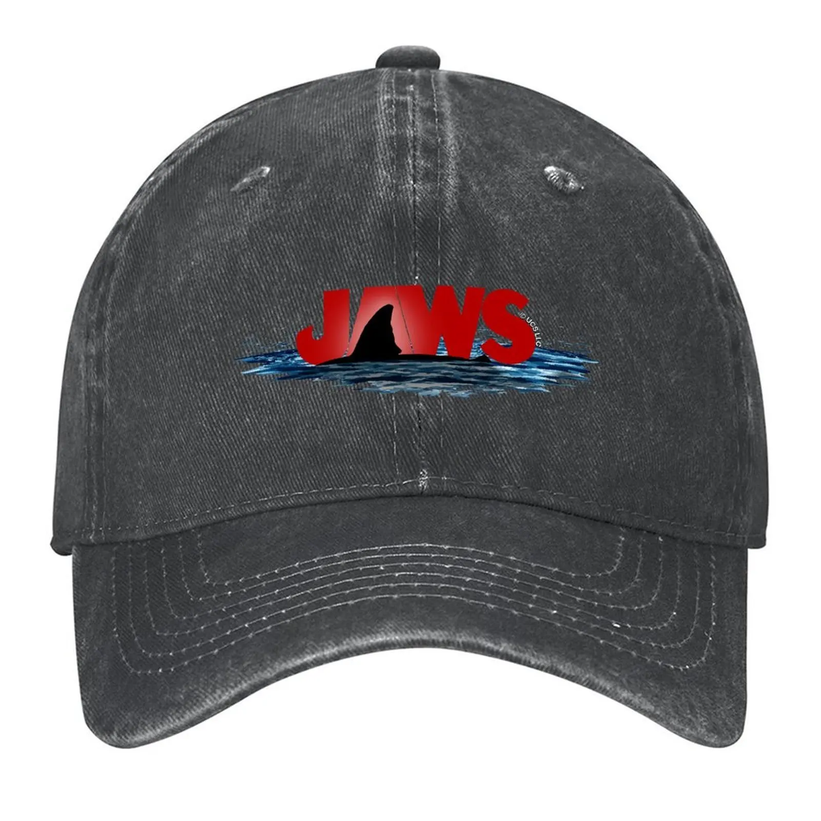 

JAWS LOGO with GREAT WHITE SHARK FIN EMERGING FROM THE OCEAN SURFACE Baseball Cap Wild Ball Hat derby hat Men Hats Women's