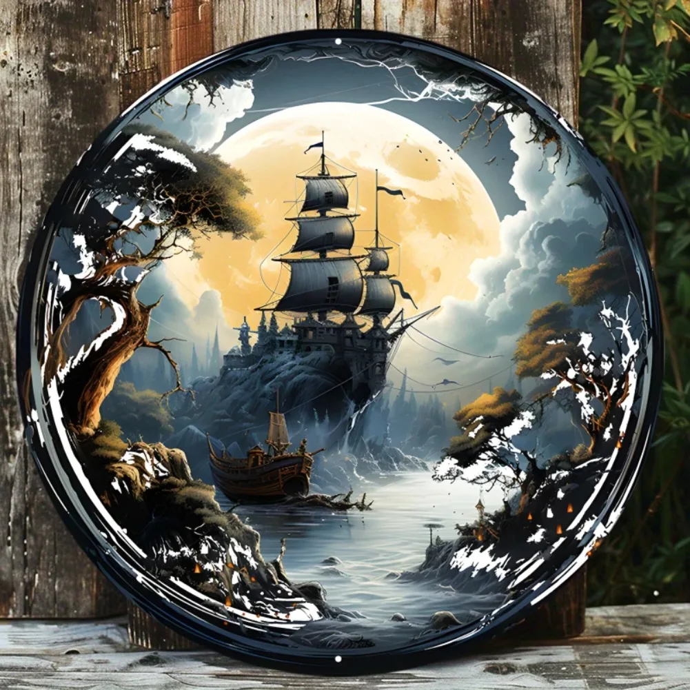 Aluminum Metal Sign Suitable for Home Decoration, Decorative Wall Poster, A Pirate Ship Sailing Under A Full Moon, 8in/11.8in
