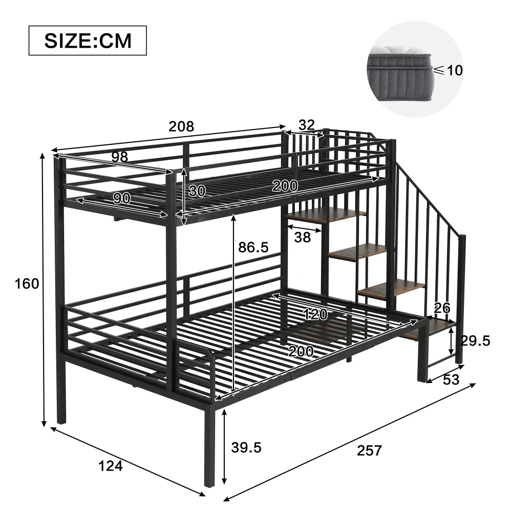 PINGGO Eisen-Etagenbett für Kinder und Jugendliche mit Stauraum-Eckschrank, Eisen & MDF, Schwarz Vintage-Holz, 90x200cm 120x200cm, ohne Matratze – Detail 9