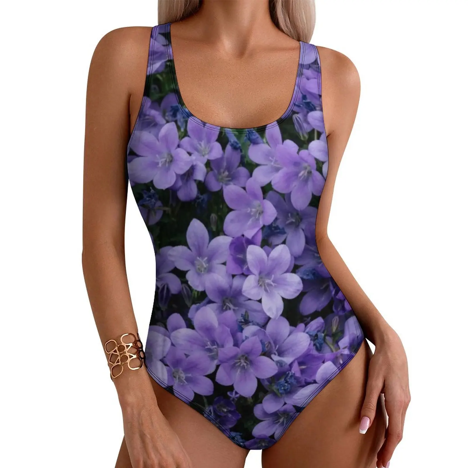 Beautiful Lavender Floral Print Swimsuit Aesthetic Purple Adorable Flowers Push Up Swimwear One-Piece Sport Monokini Bodysuit