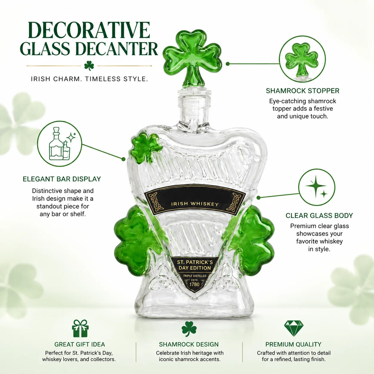 St Patrick's Day Clover Glass Wine Decanter Irish Whiskey Bottle Bar Display Ornament Holiday Decoration