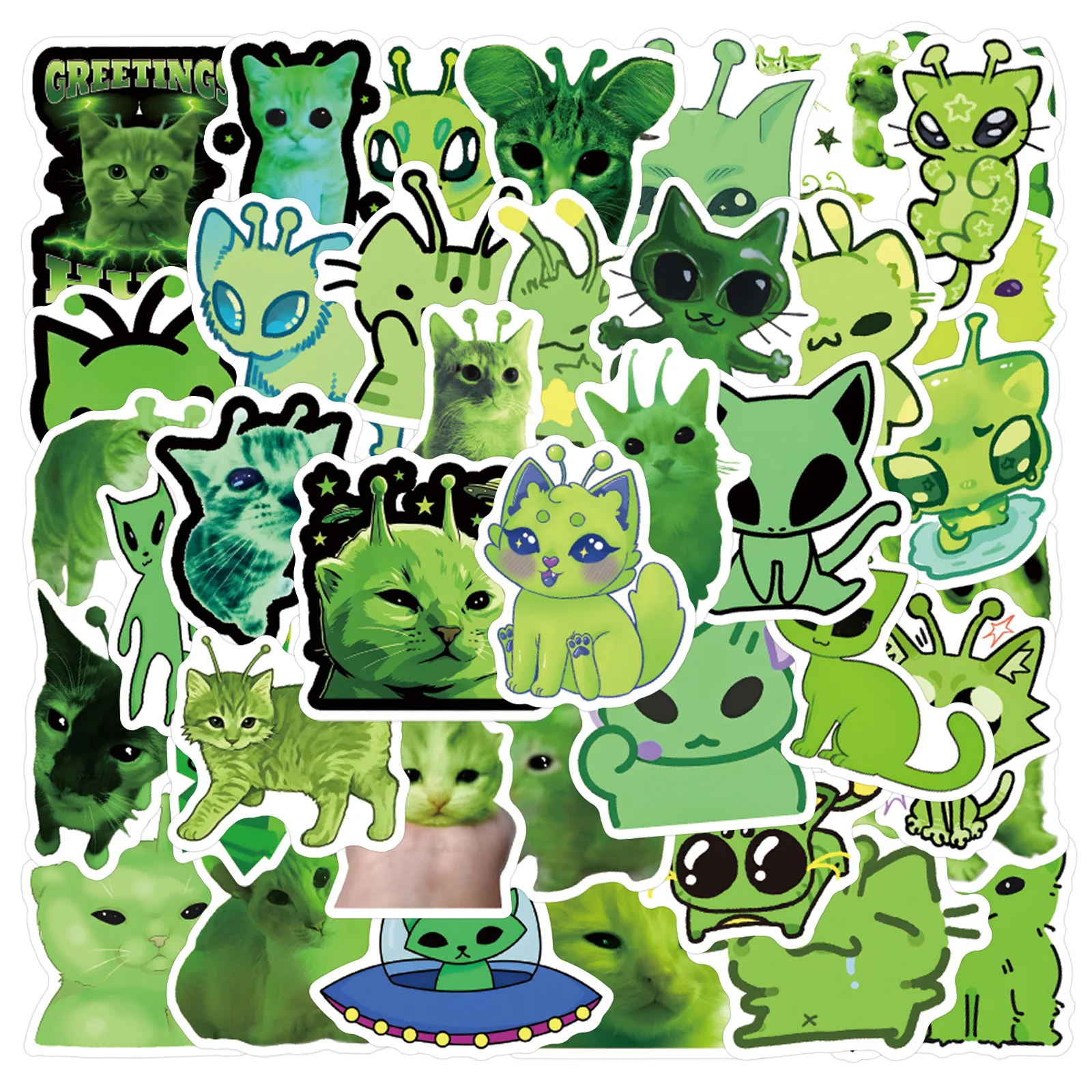 55pcs Alien Cat Stickers Pack – Cute Cartoon Graffiti Vinyl Stickers for Laptop Water Bottle Luggage Phone Case Scrapbook