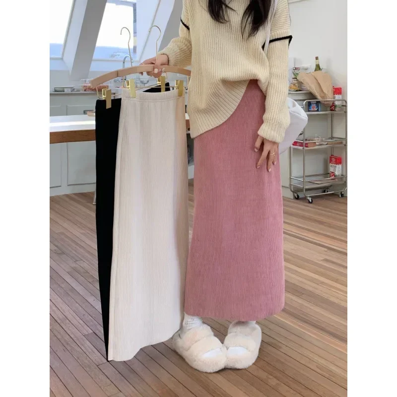 

Corduroy A- Line Skirt Women's Autumn/Winter 2024 Plus Size High-Waisted Straight-Leg Slimming Long Dress Solid Color