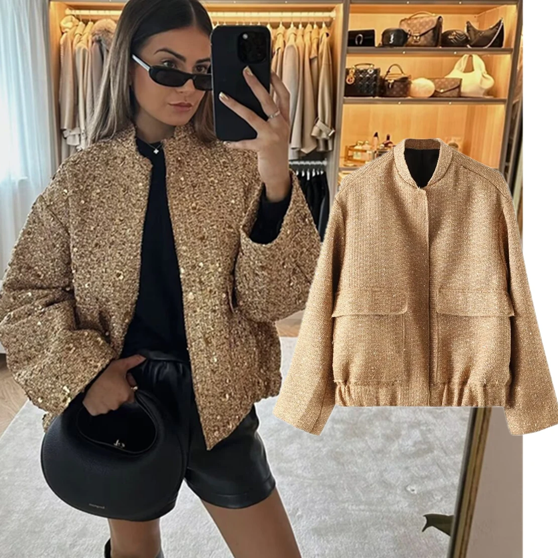 

Dave&Di Fashion Blogger Sequin Bomber Jacket Women Tweed Casual Women Coat Vintage Boyfriend Loose Jacket Tops