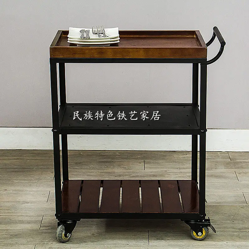 American retro mobile dining cart trolley restaurant solid wood wine delivery cart trolley kitchen rack home