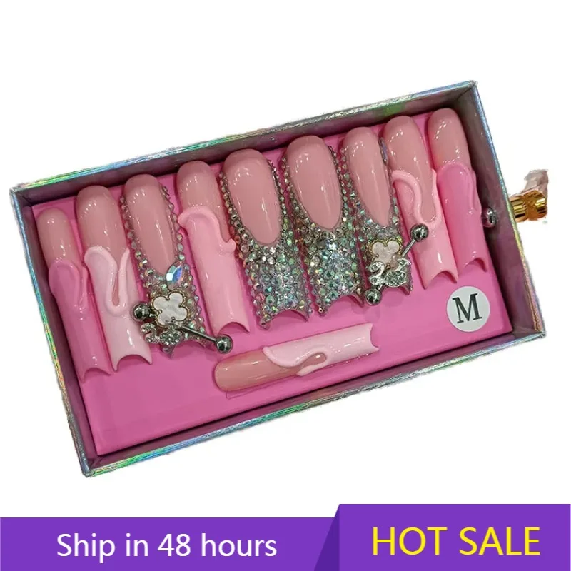 YTYIN 10 قطع لطيفة على الأظافر شكل مربع أظافر وهمية مصنوعة يدويًا لحفلة لامعة مع أداة مانيكير غطاء كامل مريح لنا #1