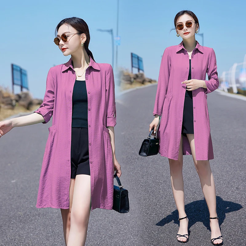 Women‘s Long Sleeve Cotton Linen Shirts Pockets Green Purple Button Long Cardigan Korean Elegant Office Ladies Summer Cover-Up