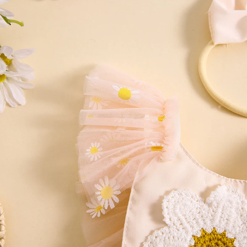 Ropa de verano para niña recién nacida, mono de malla con bordado de flores, manga de mosca, vestido y diadema