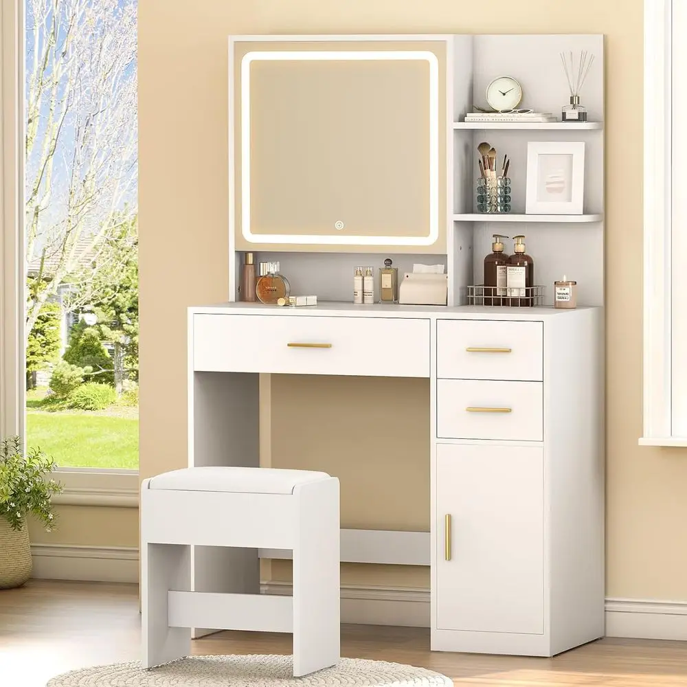 

Illuminated Makeup Vanity Desk with Drawers, Cabinet & Upholstered Chair, White Storage Makeup Table for Girls' Dressing or Bedr