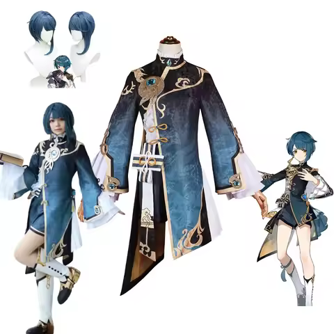 Genshin Impact XingQiu Cosplay Costume Full Set with Shoes Earrings Wig, Anime Game Character Outfit Halloween Party Women Dress