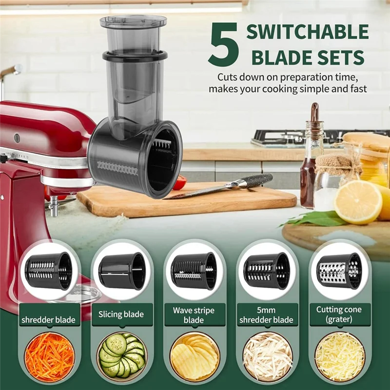 

A47U Stand Mixer Slicer/Chopper Attachment, Food Slicer Cheese Grater Attachment, Salad Maker Attachment (With 5 Blades)