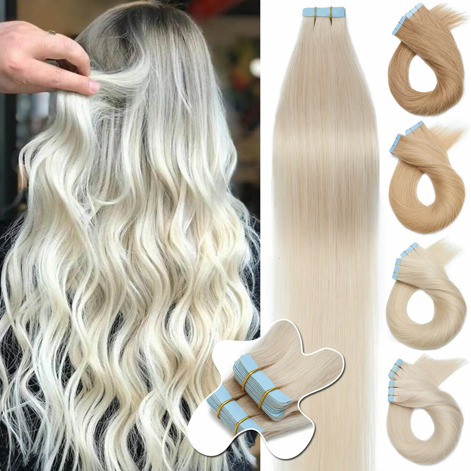 

20pcs Ultra Thin Tape In Hair Extensions 100% Human Hair Remy 12-26 inch Seamless Invisible Adhesive Wefts