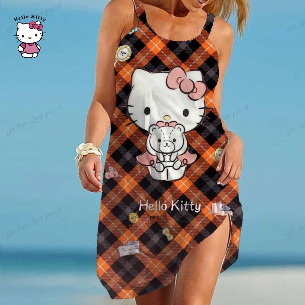 Sommer Damen elegante Rundhals ausschnitt Vintage Hals ärmellose Neck holder Print Dress hello Kitty Druck sexy Party kleid Vestidos