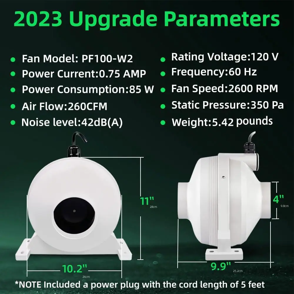 Ventilador de duto em linha de mitigação de radon de 4 "260CFM IP67 à prova d'água silencioso e eficiente em energia, instalação interna e externa listada pela UL