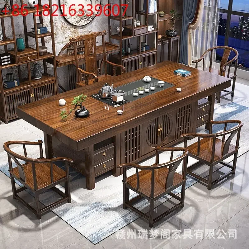 New Chinese solid wood large board tea table and chair combination office log tea table tea table