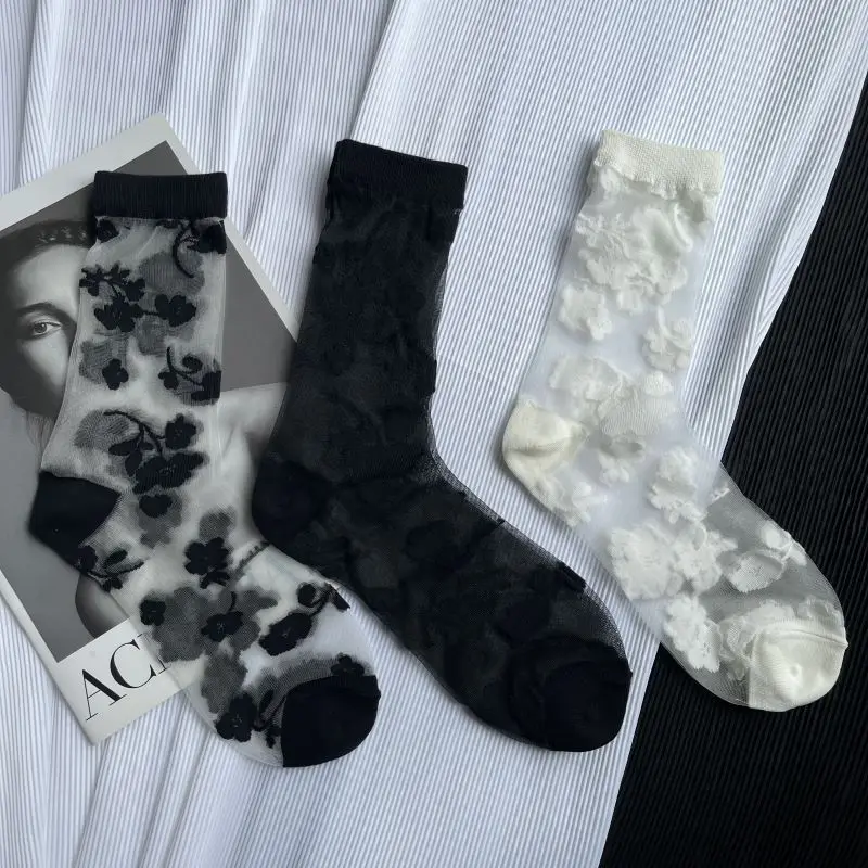 For Woman Ultra-Thin Chic Transparent Breathable Socks Black White Flowers And Plants Summer Crystal Silk Hollow Out Sheer Sox