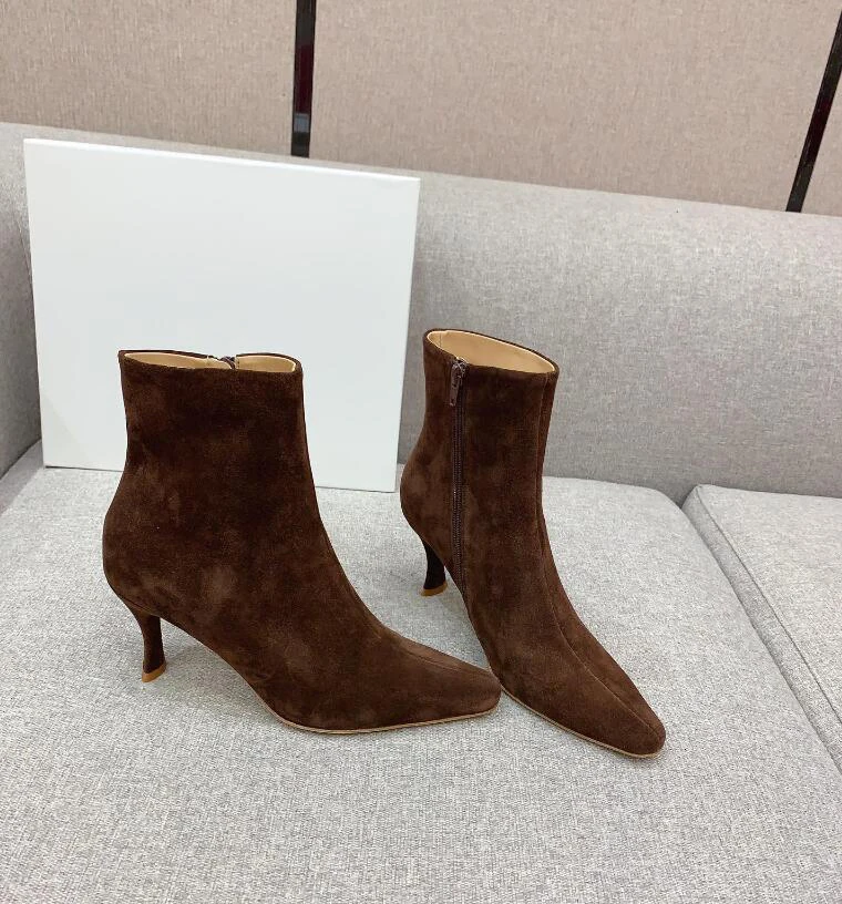 2024 Spring Ankle Short Boots Chic Fashion Side Zip Cow Suede Genuine Leather All Match Elegant Fashion Thin Heel Nude Bota