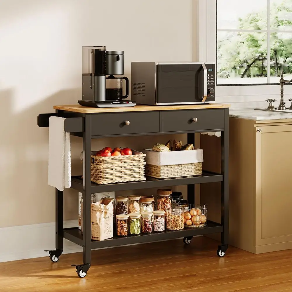 

40 Wood Top Kitchen Island Cart with 2-tier Storage, Towel Bar, and Metal Wheels for Dining, Bar, Outdoor Use in Black