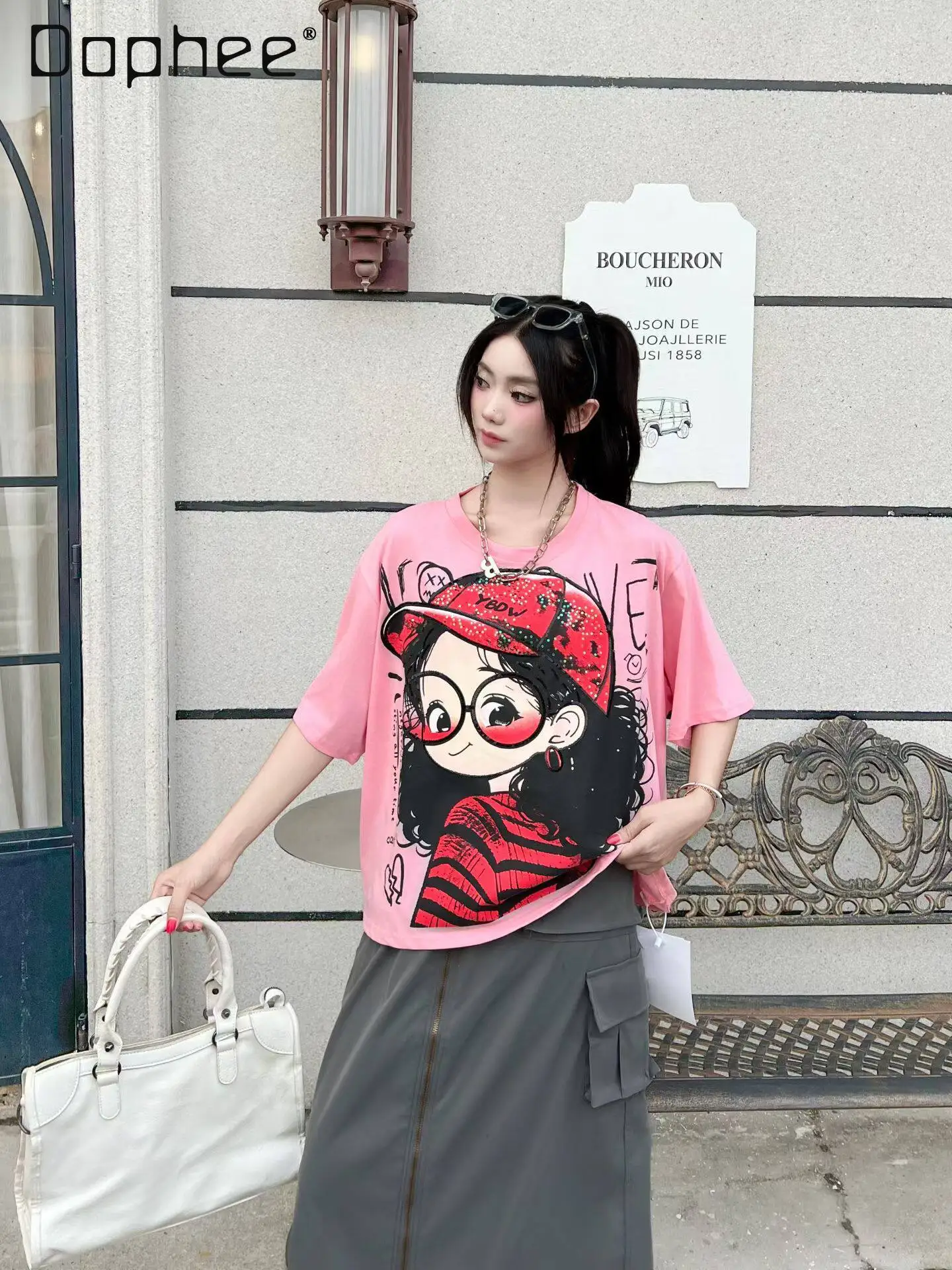 2026 Summer New Trendy Brand Loose Sequins Embroidered Cartoon Pattern Short T-shirt Women Clothes Y2k Top T Shirt Women