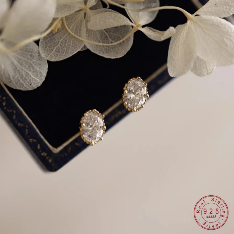 925 Sterling Silver Plated 14K Gold Retro Oval Zircon Kolczyki dla kobiet Francuski temperament Biżuteria Akcesoria