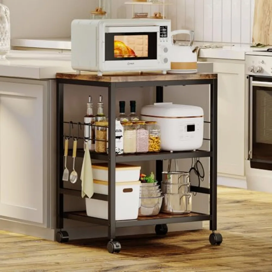 

3-Tier Wooden Microwave Cart for Kitchen Use, Rustic Brown and Black, Sturdy Wood Construction with 5 Hooks and Rolling Wheels