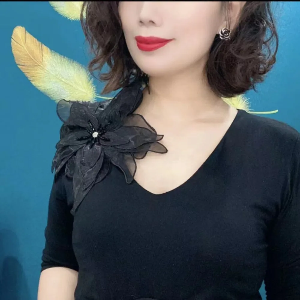 بروش أورجانزا متعدد الطبقات ، زهرة ثلاثية الأبعاد ، لؤلؤ مرصع بالكريستال ، زخرفة فستان ، إكسسوارات