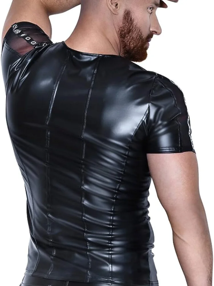 Men Wet Look Shirt with Mesh and Rivets Men Steampunk Wear Tops Tees T-shirts