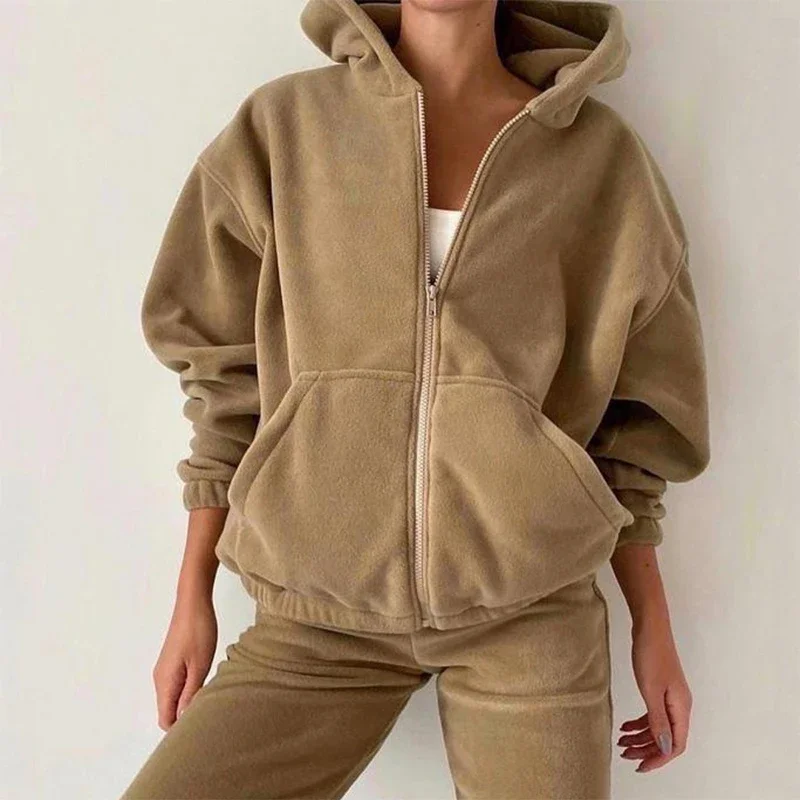 

2024 New Female Autumn and Winter Suits Casual Fashion Two-piece Set Female Loose Zipper Pocket Hoodie Sport Pantalones