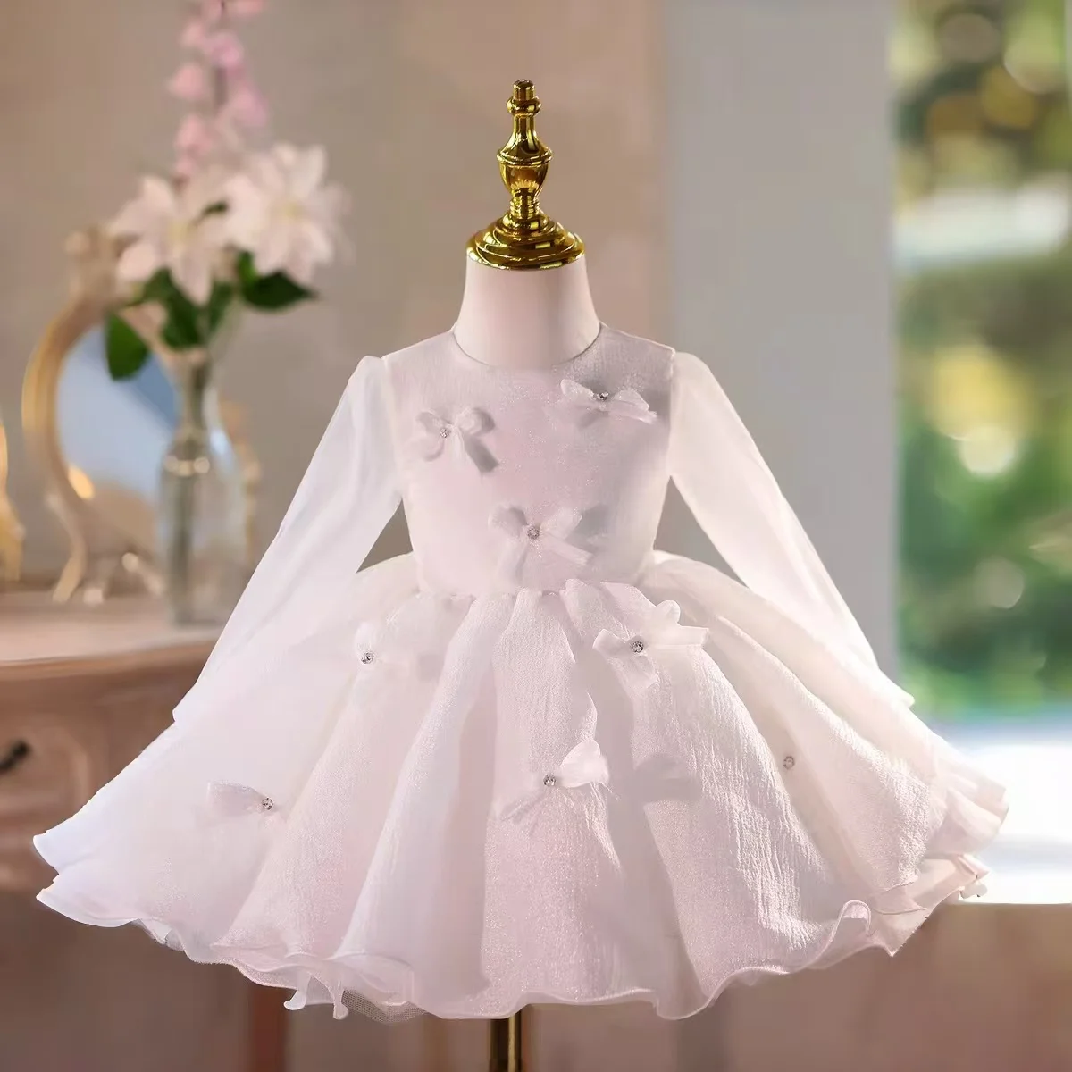 Sukienka Dreamy Vow D030 Elegancka Biała Sukienka Dziewczęca Do Kolan Urocza Księżniczka Dziecięca Sukienka na Wesele Urodziny Festiwal Imprezę Konkurs Piękności Suknia Formalna