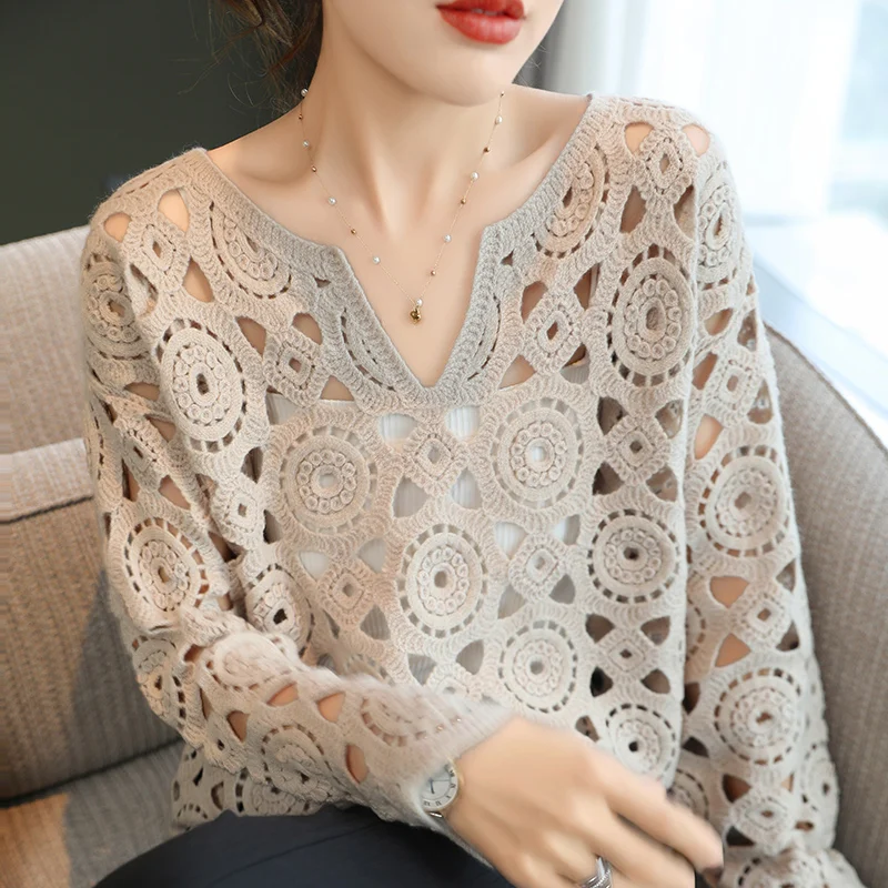 Embroidery Hollowed-Out Hook Flower 100% Pure Woolen Sweater Women's Half Open Collar Style Loose Korean Version OfThe Top JQ325