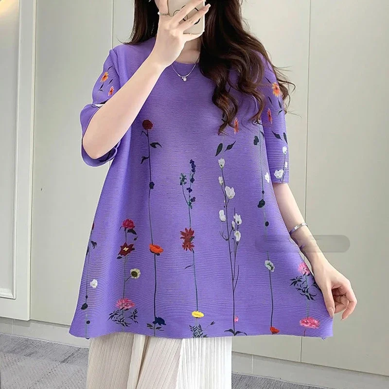 

2024 summer pleated top women's comfortable casual printed loose T-shirt round neck short sleeved shirt tops