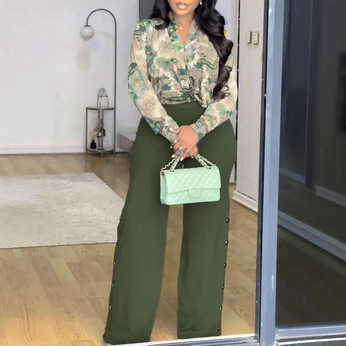Women's clothing 2025 New Fashionable Printed Two Piece Set with Collar Strap Shirt and Wide Leg Pants Set
