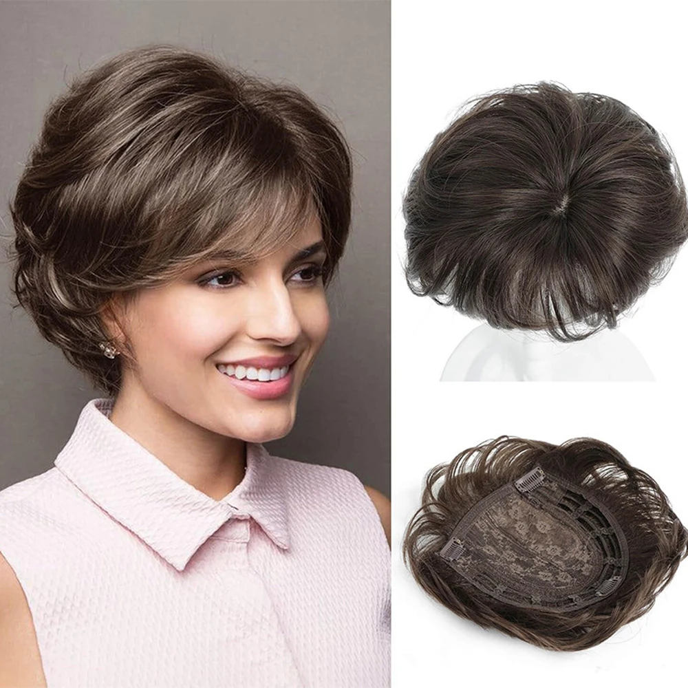 Synthetic 6inch Short Straight Topper Hairpiece Clip in Hair Extensions Natural Fluffy Head Top Hair Piece Replacement Cover