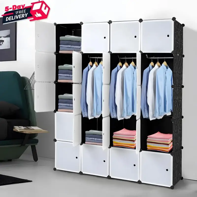 

Simple Wardrobe With 3 Clothes Rods Dustproof Cabinets 20 Cubes Shoes Clothes Storage Closet DIY Assembly Home Bedroom Furniture