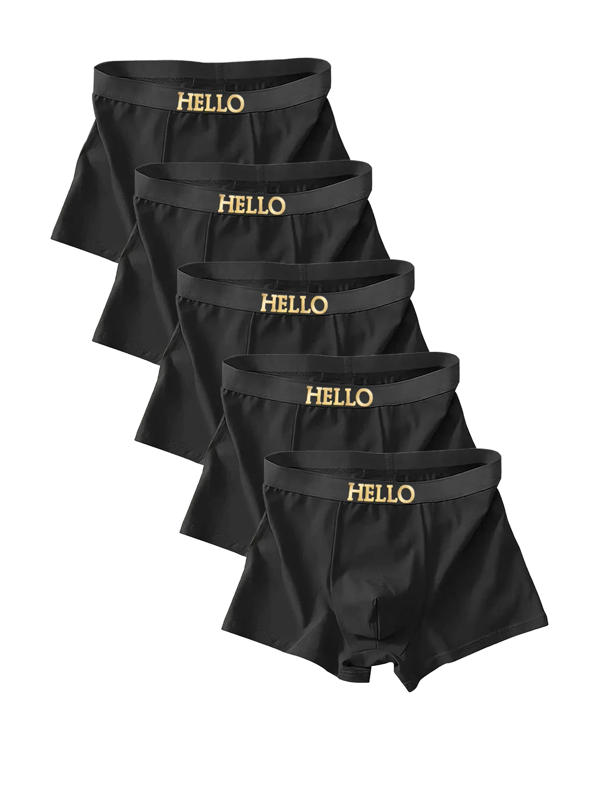 

5-Piece Men's Polyester Mid-Waist Boxer Briefs Set - Black with Gold "HELLO" Waistband