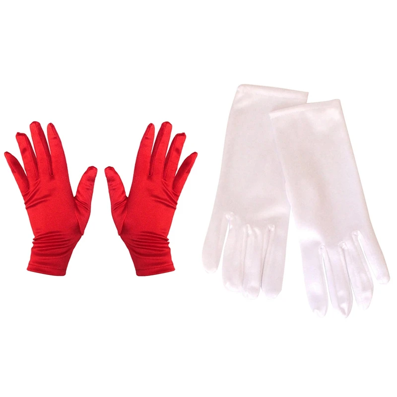 

2PCS Ladies Short Sunscreen Satin Satin Glove Surface Dance Performance Gloves Spandex Etiquette Gloves, Red & White