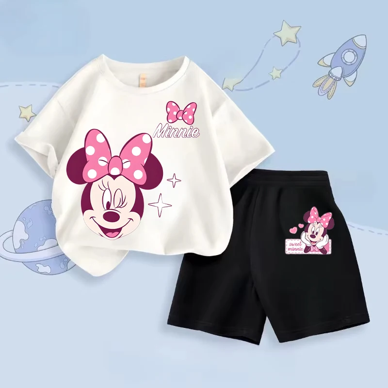 

Disney Girls Set Kids Short Sleeve T-Shirt And Shorts 2-Piece Outfits Baby Girl Cartoon Suit Children's Casual Summer Clothes