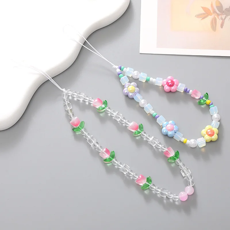 Simple Tulip Flower Beaded Phone Chain Lanyard New Jewelry for Women Party Gift Crystal Devil\'s Eye Charm Cell Phone Case Cord